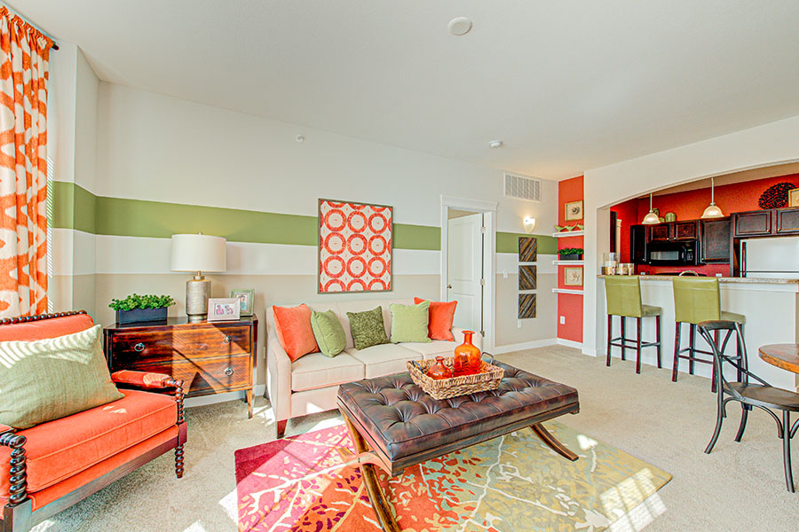 Bright and colorful furnished living room located at Ivy Flats Apartments.